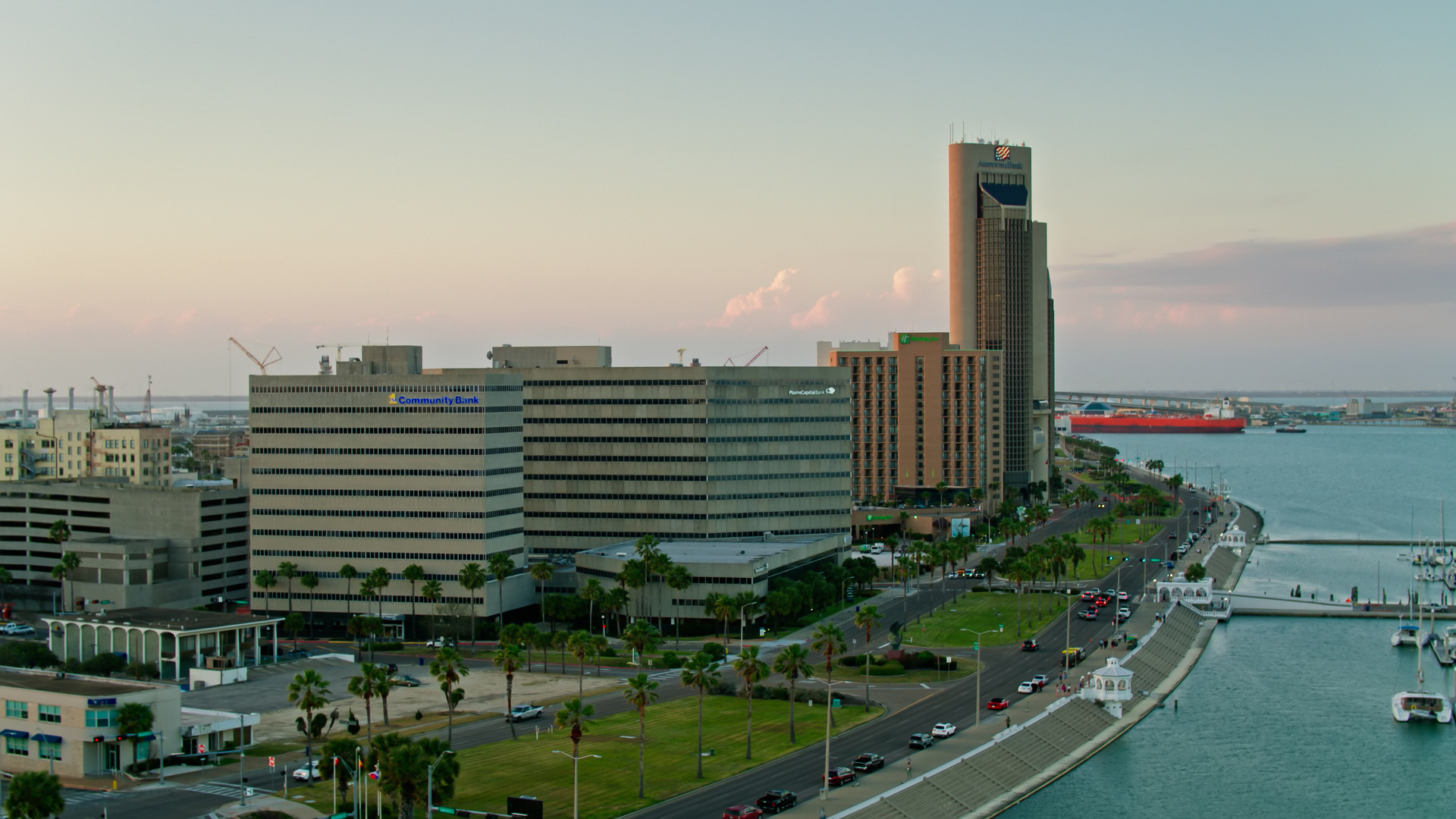 Office Buildings Along Waterfront in Corpus Christi, TX - Aerial